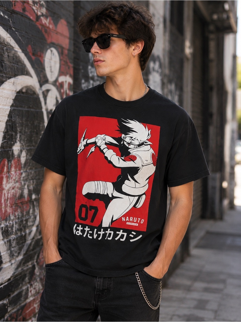 Official Naruto Kakashi Graphic T Shirt Mens Large Anime Manga Streetwear Black